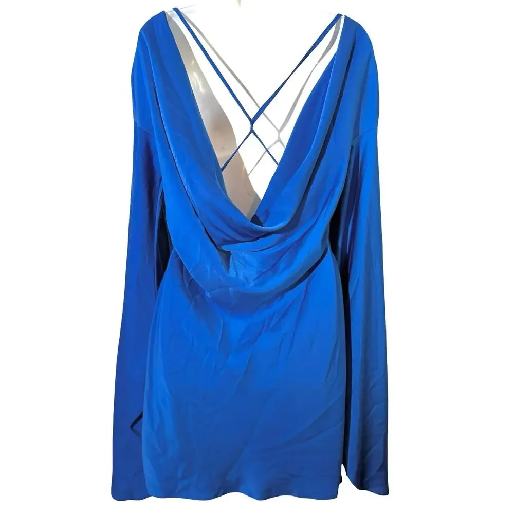 Asos Low Strappy Back Long Flare Sleeve Mini Blue Party cocktail Evening Dress 8
